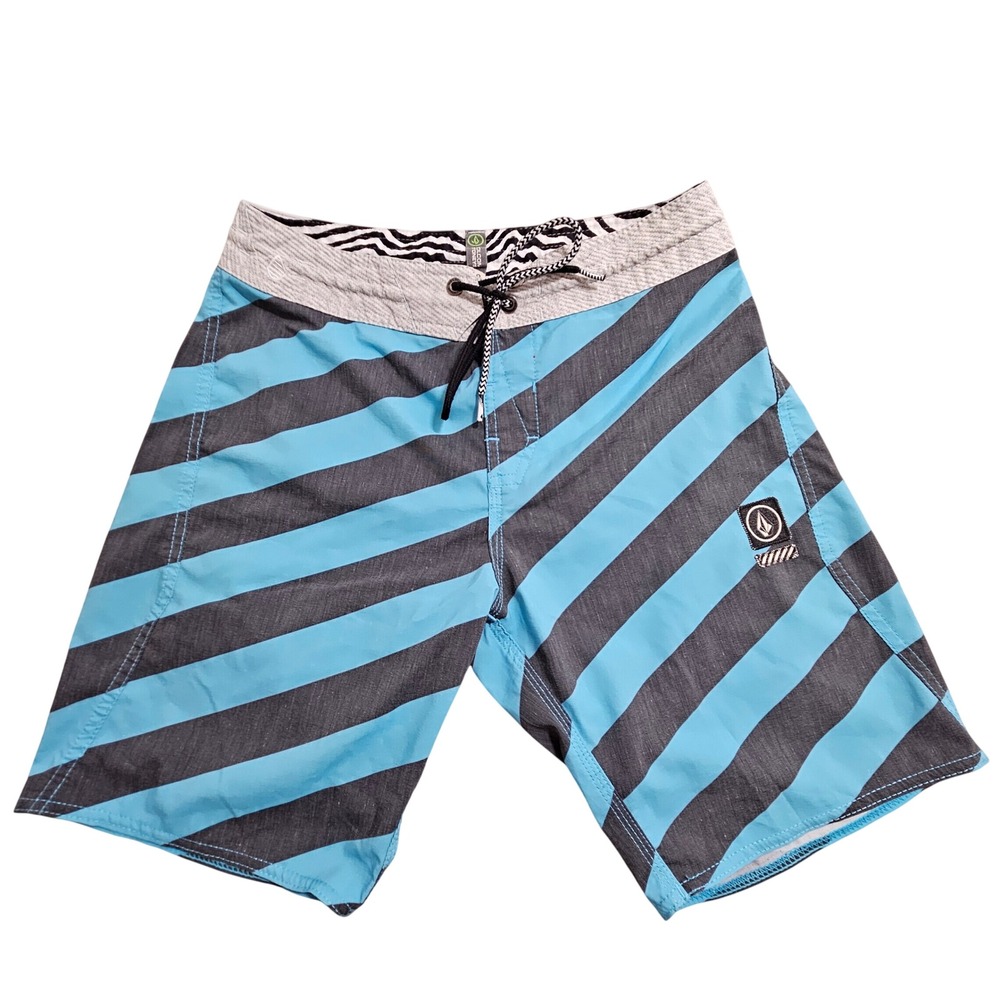 Volcom Board Shorts 28 Blue Grey Striped Stoney Surfer Swim Trunks